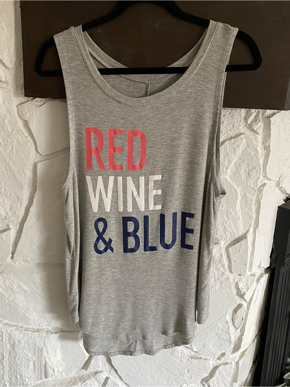 Red white “wine” and blue tank top